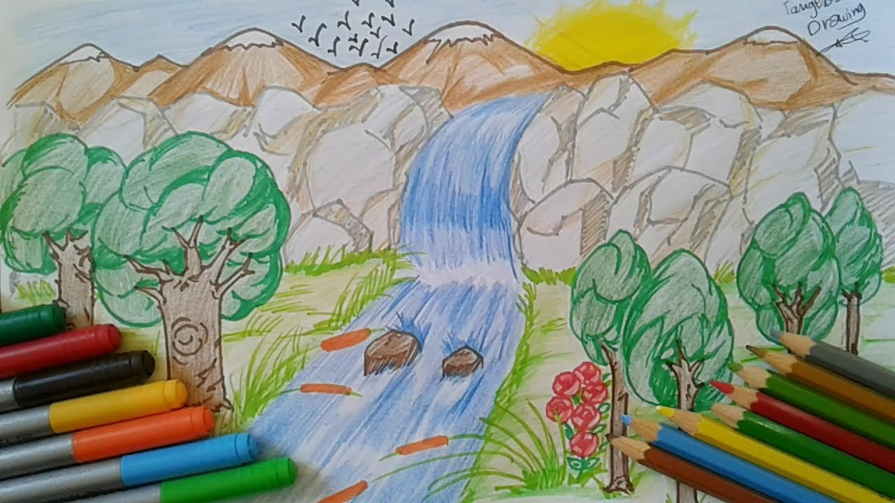 3276 10 رسم منظر طبيعي للاطفال - مناظر طبيعية خلابة سهلة الرسم عنايات صالح