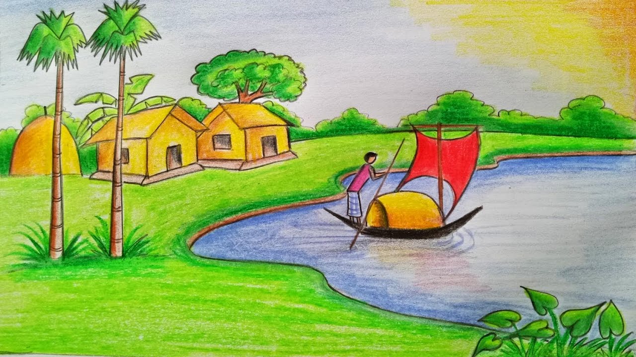رسم منظر طبيعي للاطفال , مناظر طبيعية خلابة سهلة الرسم دلع ورد